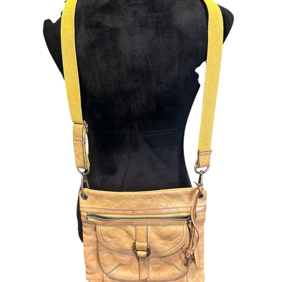 Fossil yellow/gold leather Crossbody Bag with canvas Strap - Picture 1 of 6
